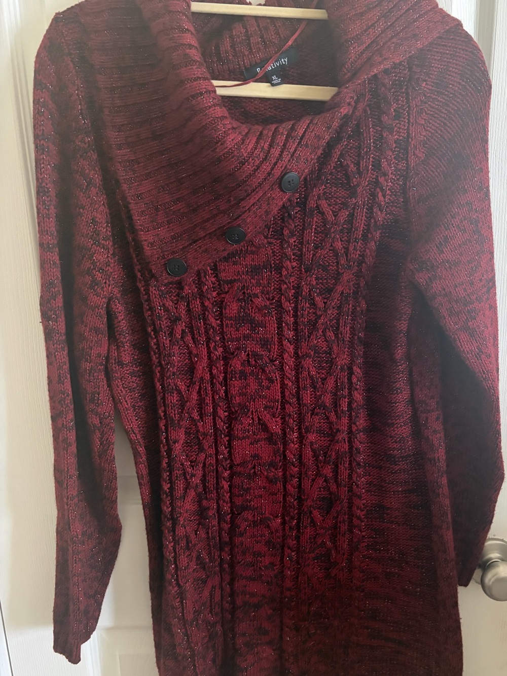 Burgundy Cable Knit Cowl Sweater Dress with Button Detail